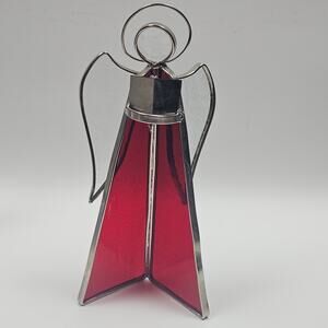 Vtg Christmas Angel Leaded Stained Glass Red Sun Catcher Standing Songbook Bible